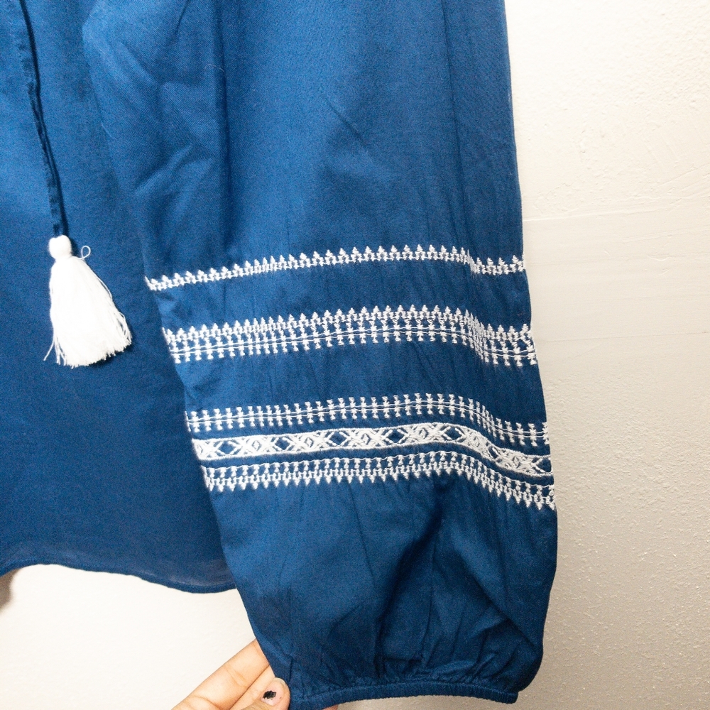 Style and Co. Royal blue embroidered peasant style blouse with tassels. NWT - Picture 3 of 5